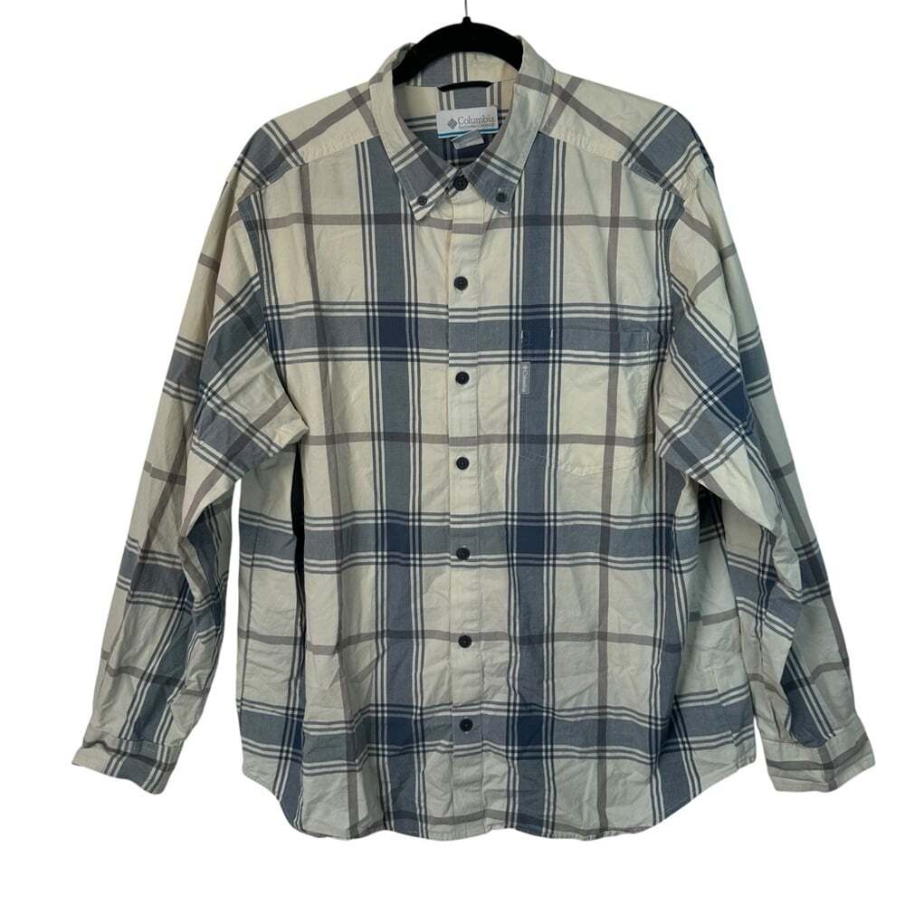 Columbia Plaid Button Down Shirt Large Cotton Outdoor Casual Layering Blue